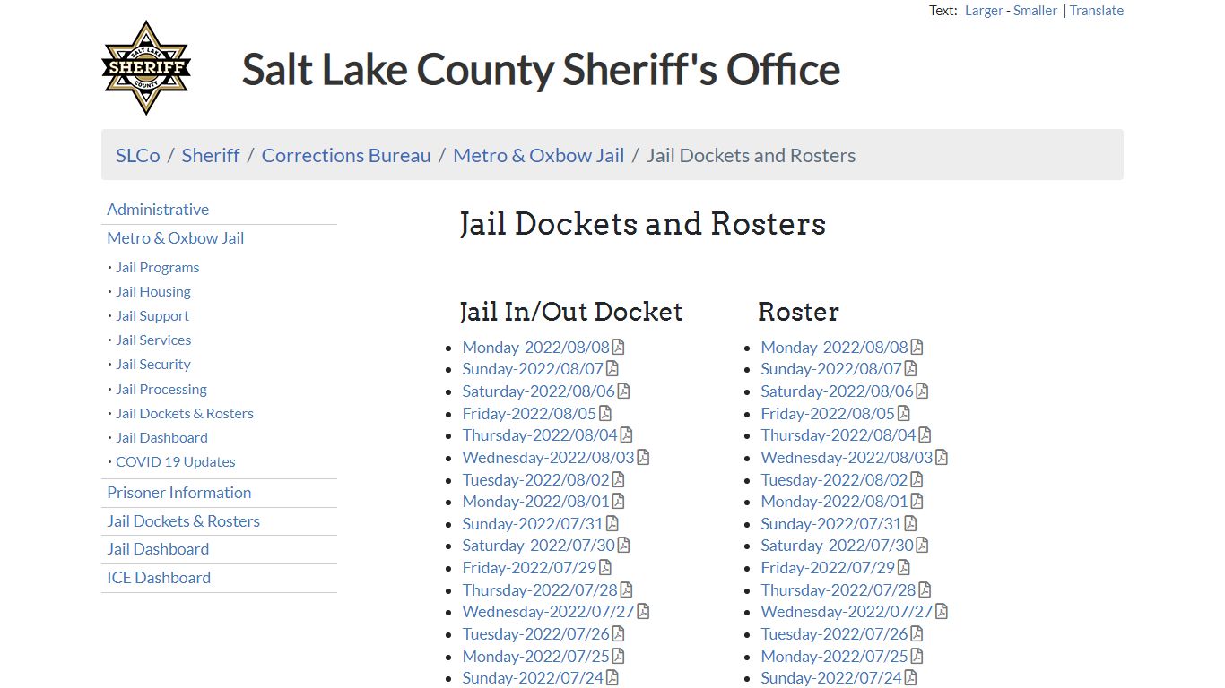 Jail Dockets and Rosters - Sheriff | SLCo